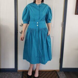 Vintage 80s Teal Button Down Midi Dress Size Medium